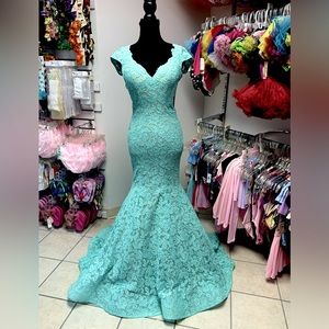 Size 4 OOAK Custom Green Open Back Mermaid Pageant Gown W/ Swarovski Crystals